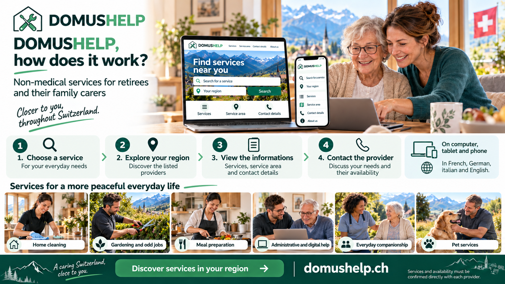 DomusHelp: choose a service, explore your region, view information and contact the provider. Non-medical services for retirees and their family carers.