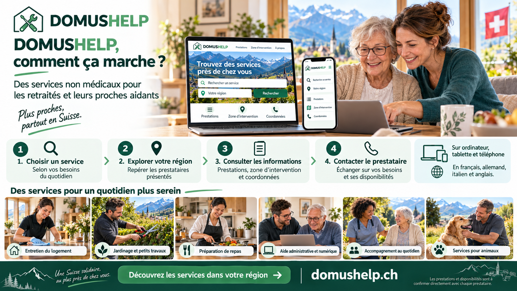 DomusHelp : choisir un service, explorer sa région, consulter les prestations et coordonnées, puis contacter le prestataire. Des services non médicaux pour les retraités et leurs proches aidants.